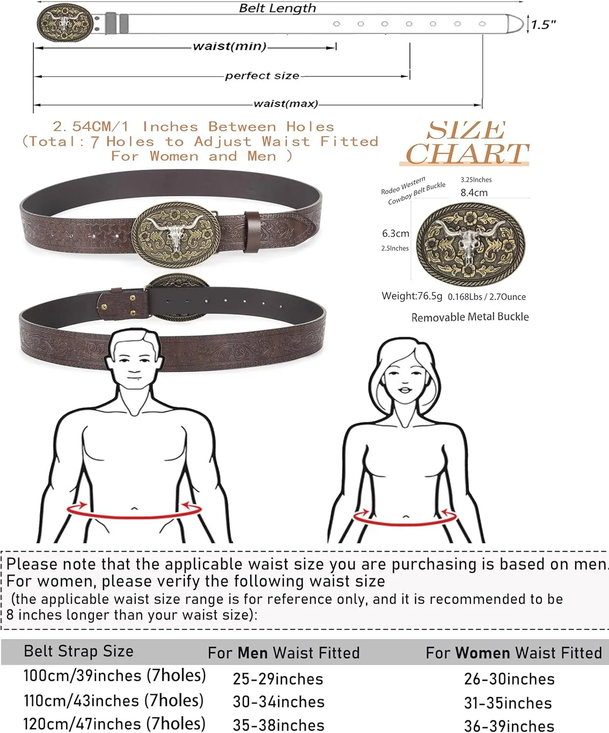 Western Cowboy-Belts for Women Big-Buckle Longhorn-Bull PU-Leather Rodeo Cowgirl-Belt Engraved Floral - Waist 25-38"