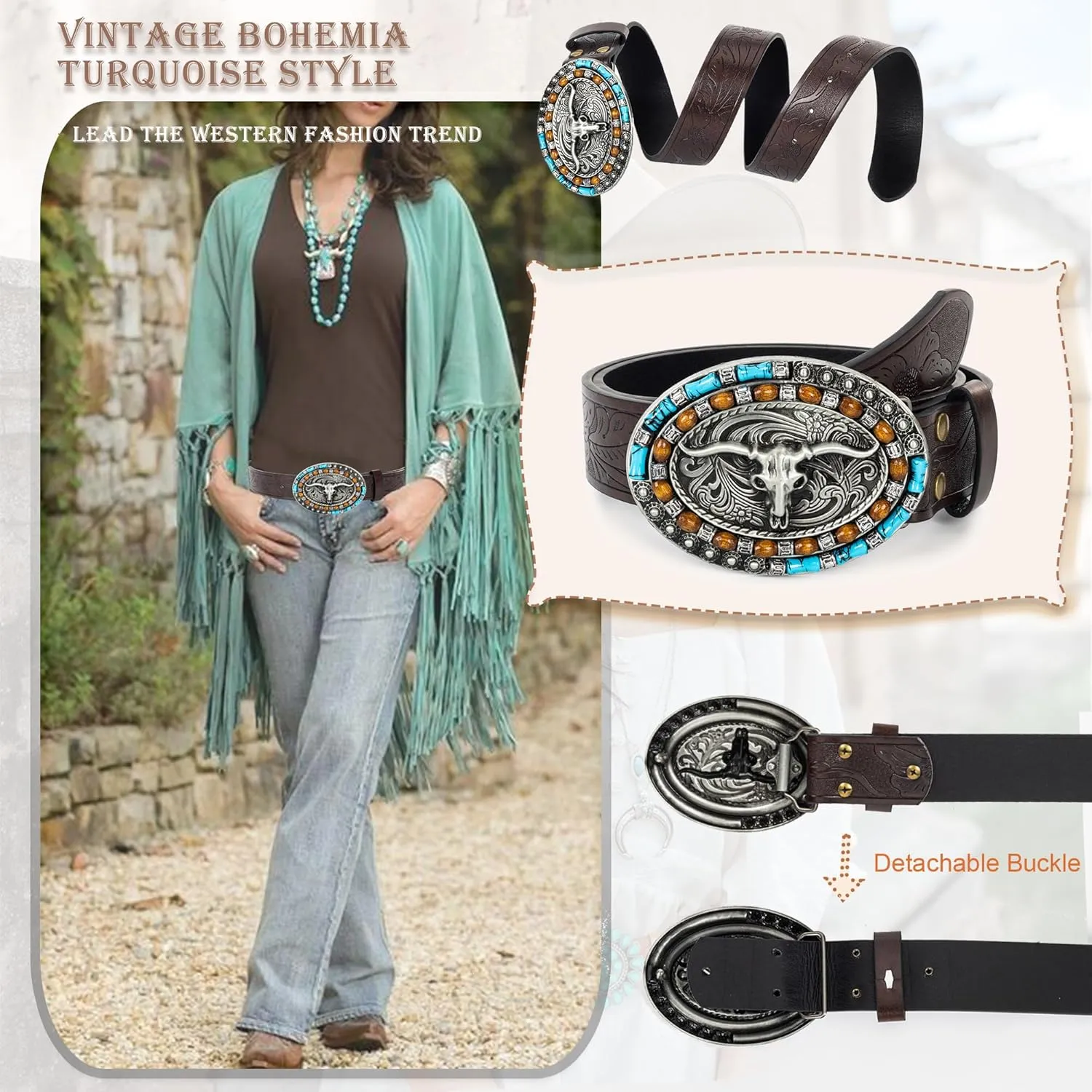 Western Cowboy-Belts for Women Big-Buckle Longhorn-Bull PU-Leather Rodeo Cowgirl-Belt Engraved Floral - Waist 25-38"