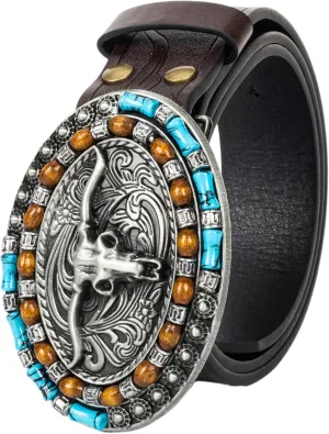 Western Cowboy-Belts for Women Big-Buckle Longhorn-Bull PU-Leather Rodeo Cowgirl-Belt Engraved Floral - Waist 25-38"