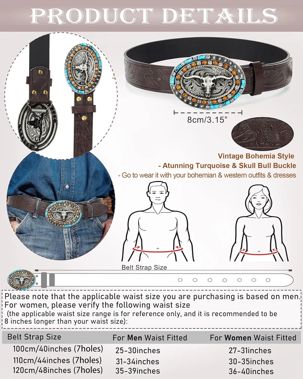 Western Cowboy-Belts for Women Big-Buckle Longhorn-Bull PU-Leather Rodeo Cowgirl-Belt Engraved Floral - Waist 25-38"