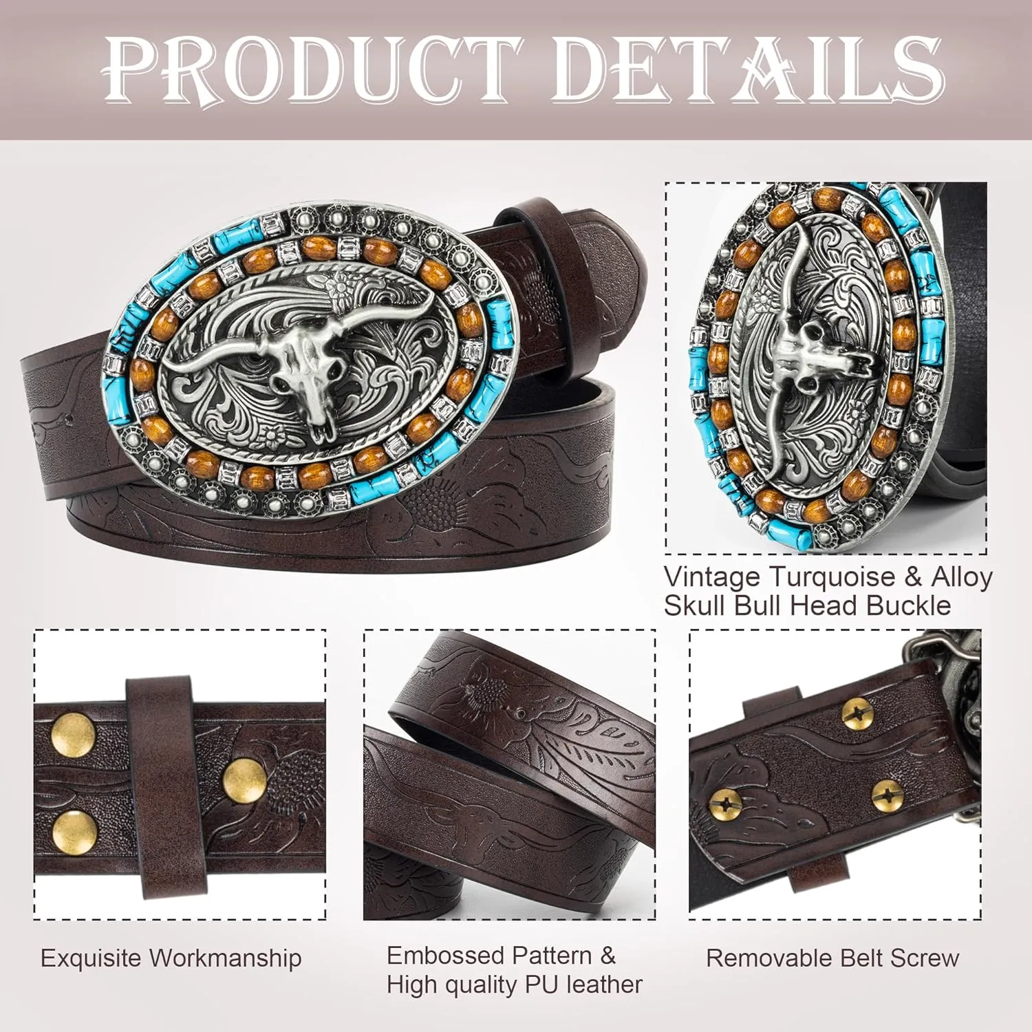 Western Cowboy-Belts for Women Big-Buckle Longhorn-Bull PU-Leather Rodeo Cowgirl-Belt Engraved Floral - Waist 25-38"