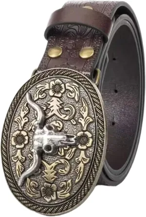 Western Cowboy-Belts for Women Big-Buckle Longhorn-Bull PU-Leather Rodeo Cowgirl-Belt Engraved Floral - Waist 25-38"