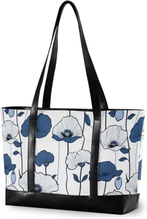 White Poppy Flowers Japanese Style Waterproof laptop totes with zipper tote bag for work for university with office estuche para laptop 14 pulgadas