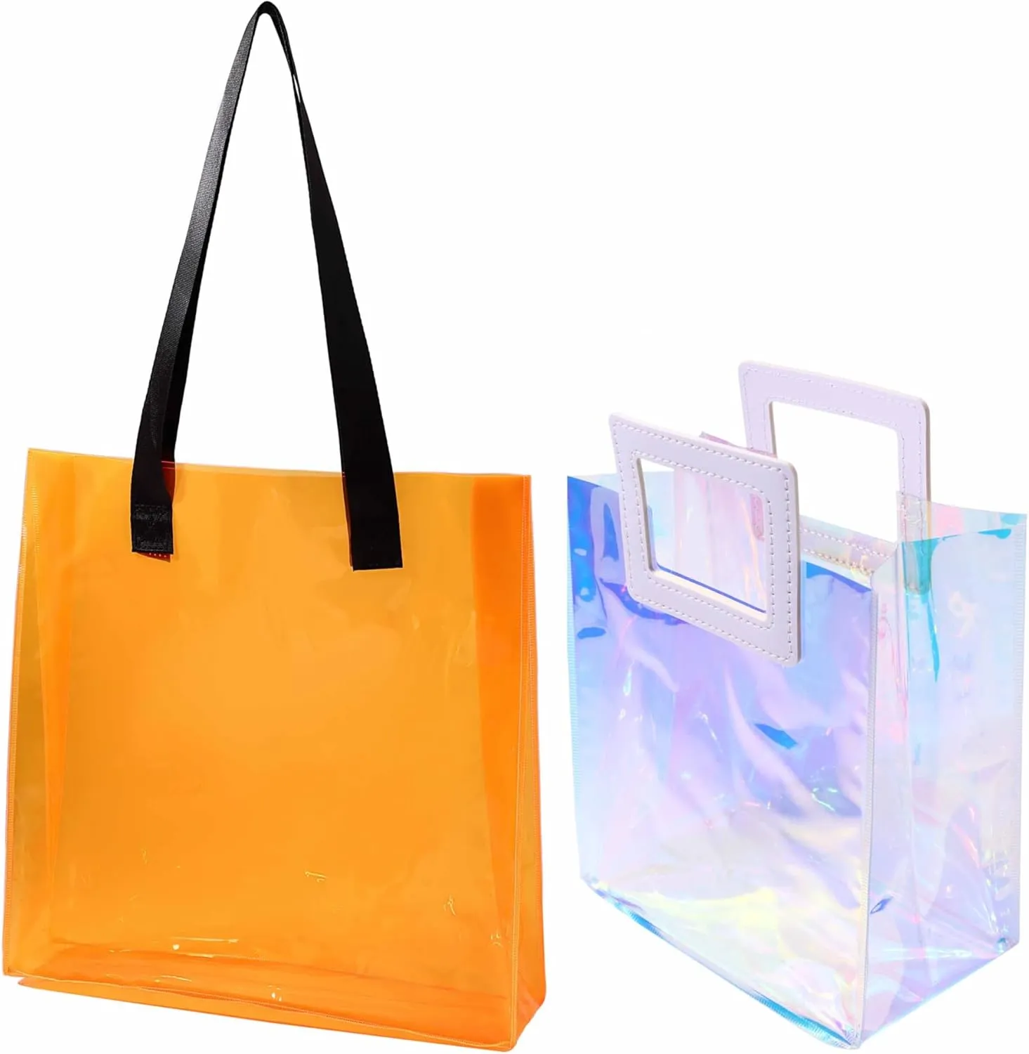 Woeoe 2Pcs Clear Tote Bag Waterproof Beach Bags Iridescent Shoulder Handbags for Travel Stadium Pool