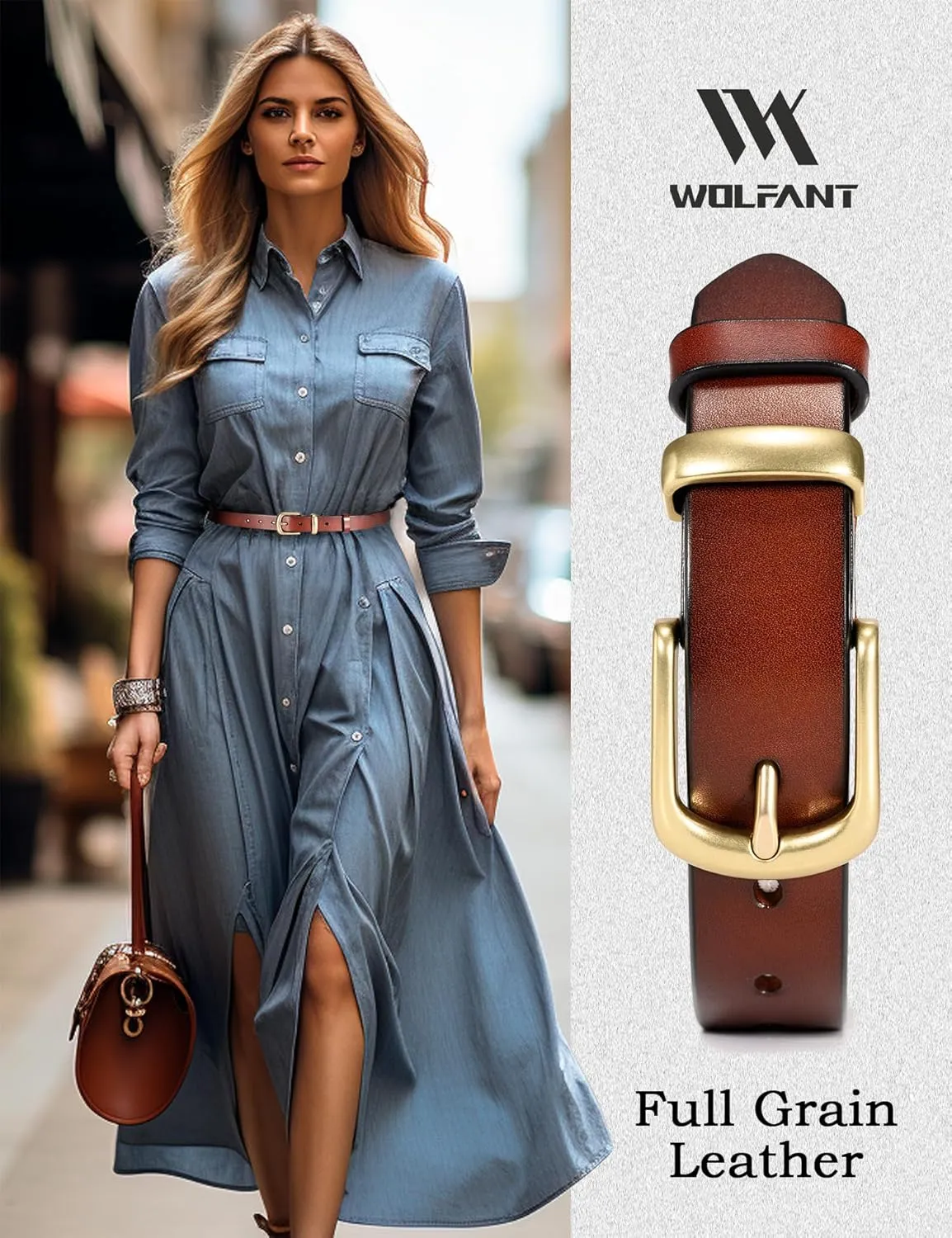WOLFANT Womens Belts for Jeans,1.1" Fashion Ladies Belt with Gold Buckle,100% Italian Full Grain Real Solid Leather