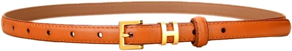 Women Gold Buckle Design Skinny Leather Belt Jeans Belt for Pants in Pin Buckle Belt, Womens Belts for Dress