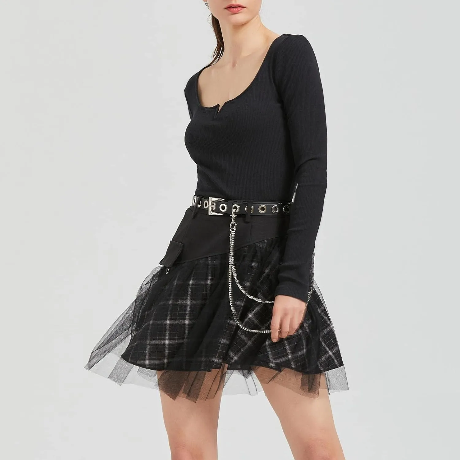 Women Gothic Skirts Women Goth Mini Plaid Skirt with Tulle Punk Dunk High Waist A-Line Party Skirt