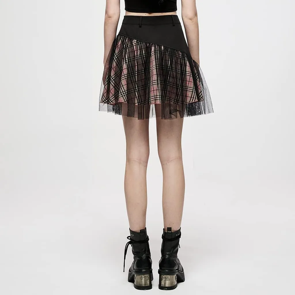 Women Gothic Skirts Women Goth Mini Plaid Skirt with Tulle Punk Dunk High Waist A-Line Party Skirt