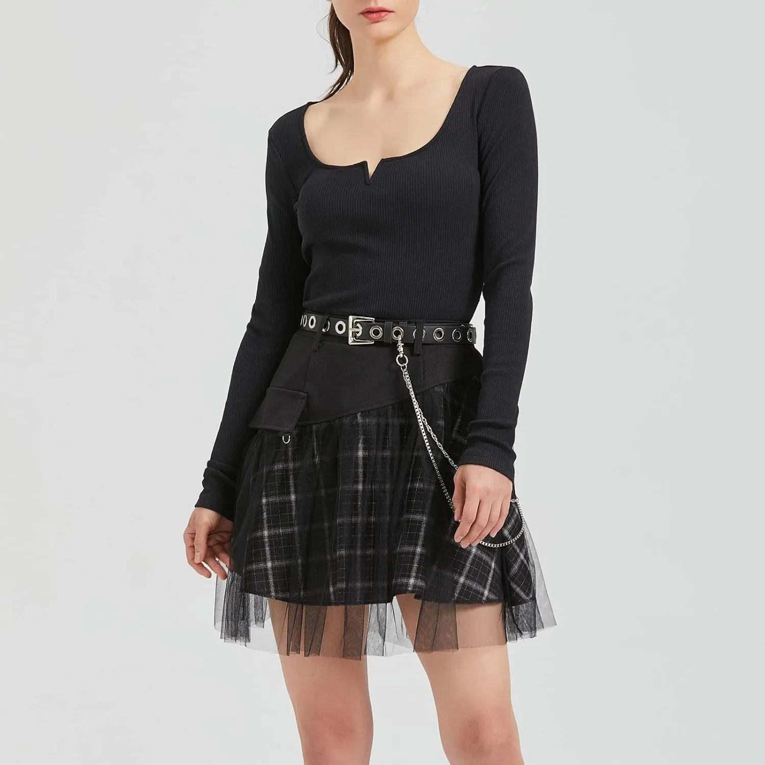 Women Gothic Skirts Women Goth Mini Plaid Skirt with Tulle Punk Dunk High Waist A-Line Party Skirt