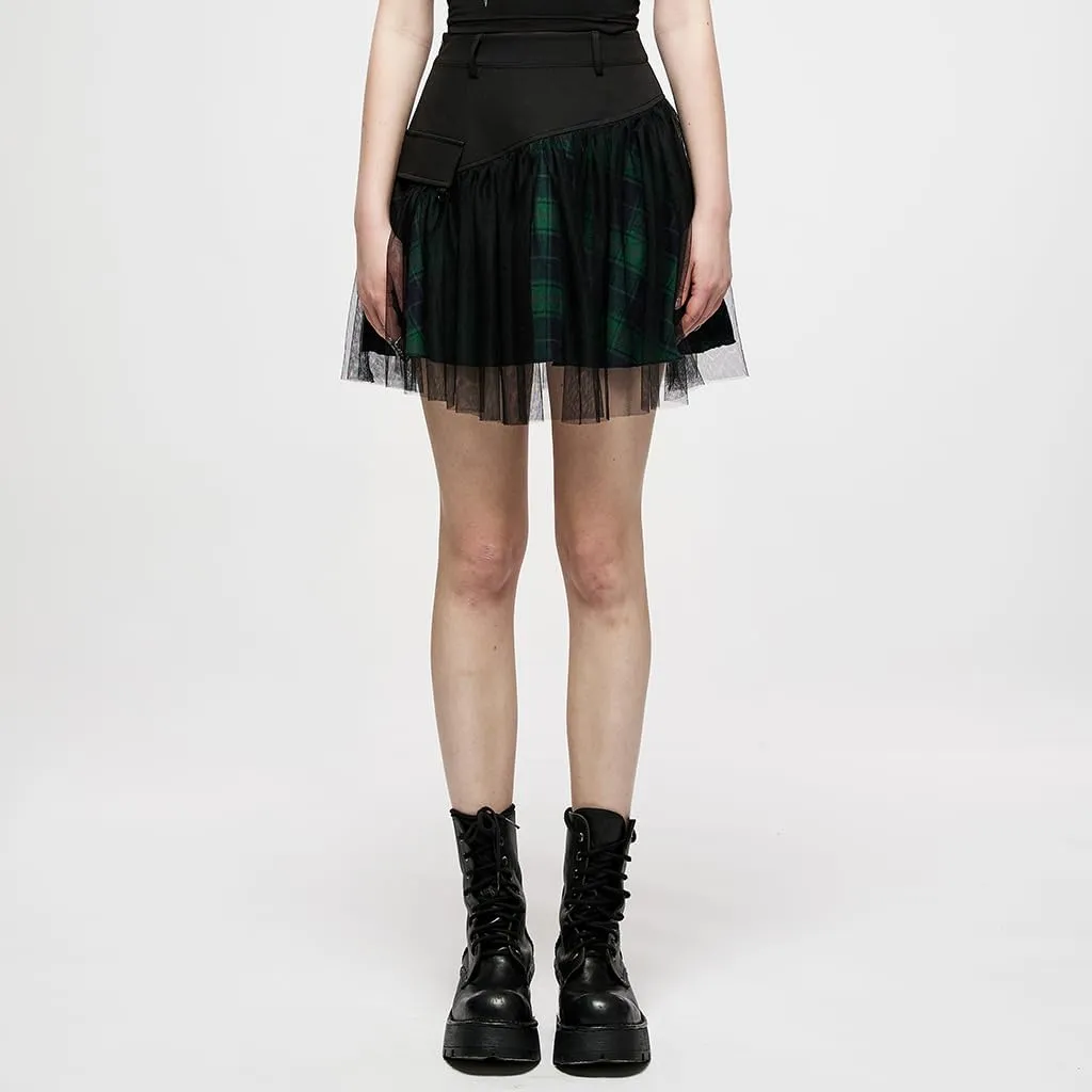 Women Gothic Skirts Women Goth Mini Plaid Skirt with Tulle Punk Dunk High Waist A-Line Party Skirt
