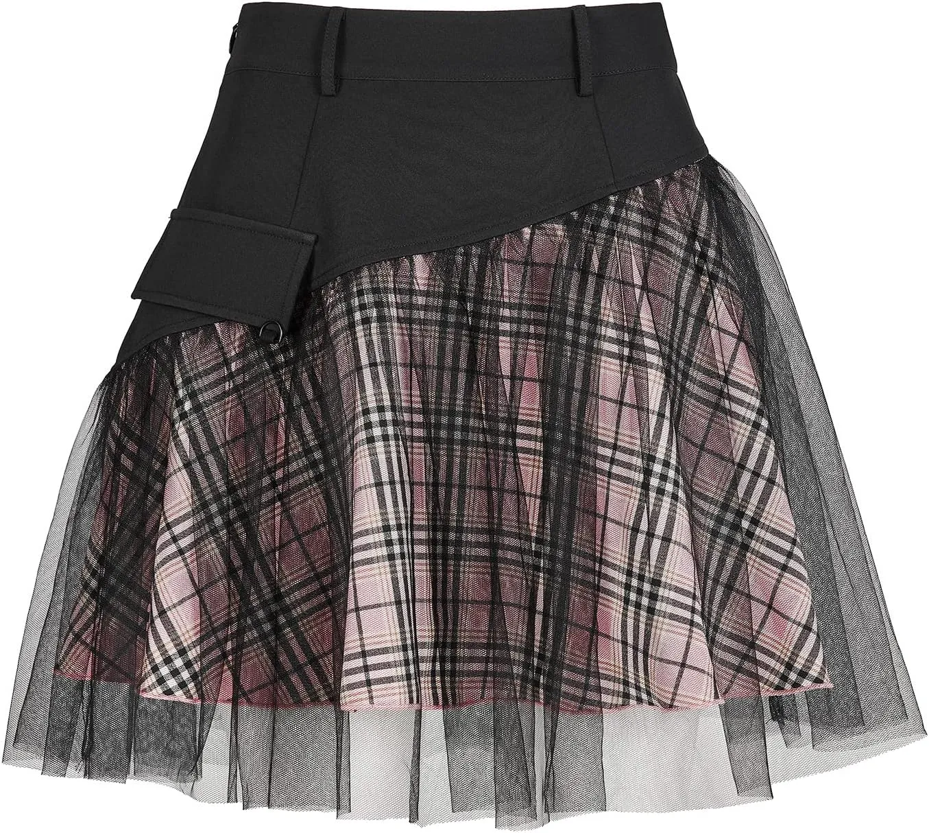 Women Gothic Skirts Women Goth Mini Plaid Skirt with Tulle Punk Dunk High Waist A-Line Party Skirt