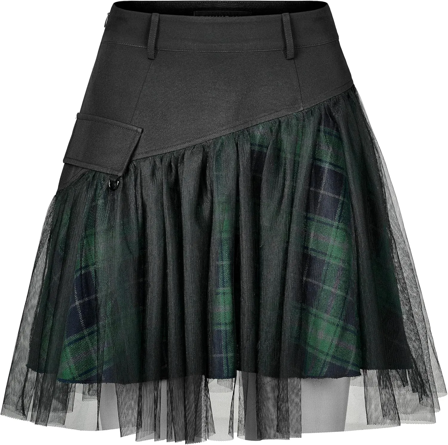 Women Gothic Skirts Women Goth Mini Plaid Skirt with Tulle Punk Dunk High Waist A-Line Party Skirt