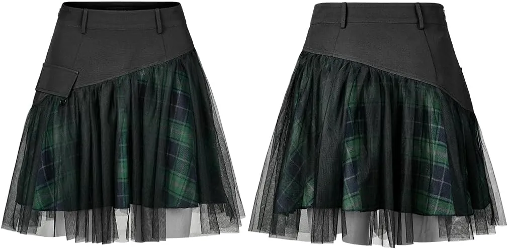 Women Gothic Skirts Women Goth Mini Plaid Skirt with Tulle Punk Dunk High Waist A-Line Party Skirt