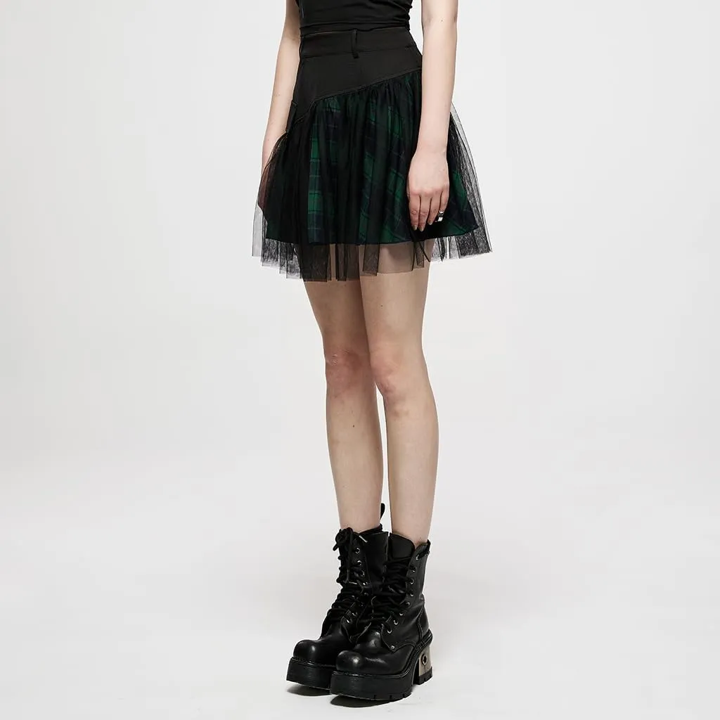 Women Gothic Skirts Women Goth Mini Plaid Skirt with Tulle Punk Dunk High Waist A-Line Party Skirt