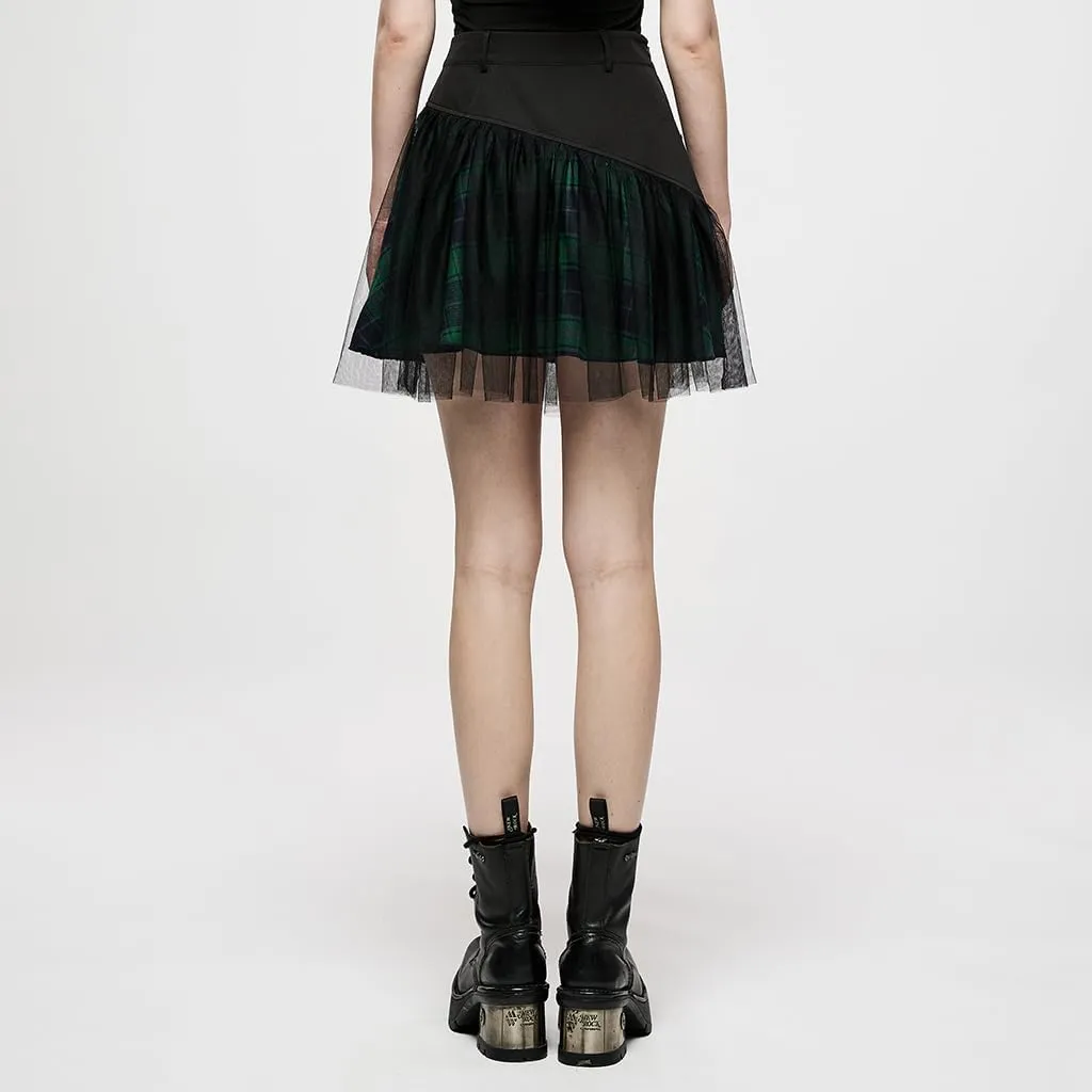 Women Gothic Skirts Women Goth Mini Plaid Skirt with Tulle Punk Dunk High Waist A-Line Party Skirt