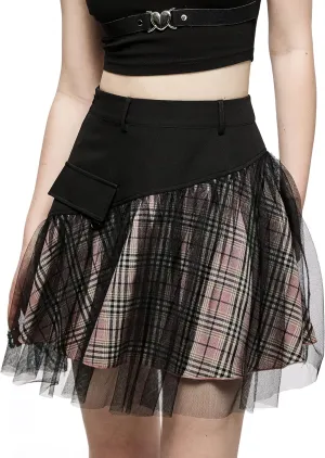 Women Gothic Skirts Women Goth Mini Plaid Skirt with Tulle Punk Dunk High Waist A-Line Party Skirt