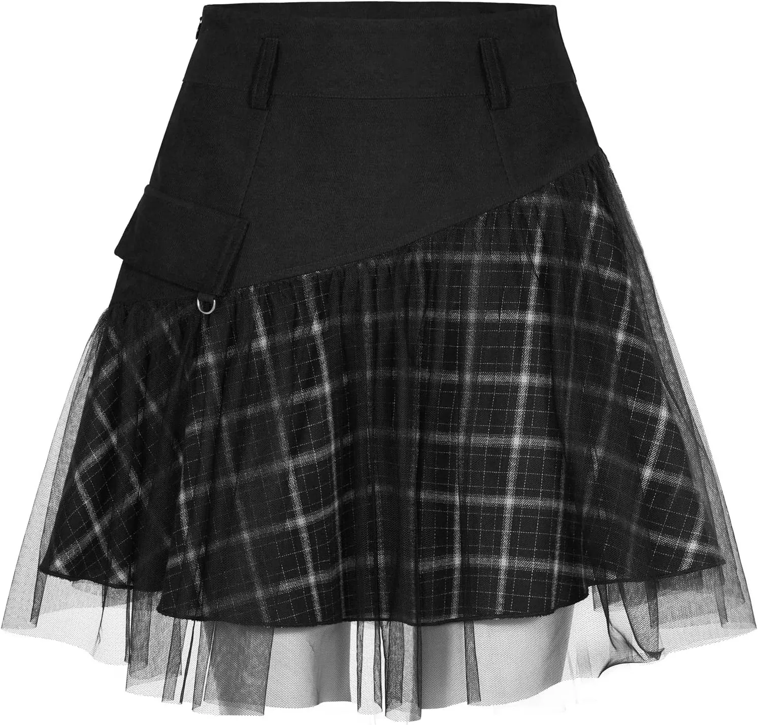 Women Gothic Skirts Women Goth Mini Plaid Skirt with Tulle Punk Dunk High Waist A-Line Party Skirt