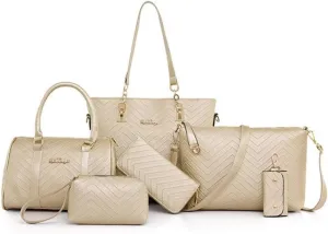 Women Handbags 6 Pcs Set PU Top Handle Purse Splicing Shoulder Crossbody Bag Tote Satchels Clutch Card Holder