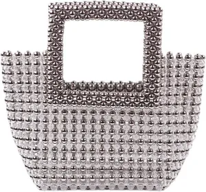 Women Silver Beaded Acrylic Handbag Evening Handmade Bags for Evening Party Bag Transparent Top-Handle Totes, One Color, One Size
