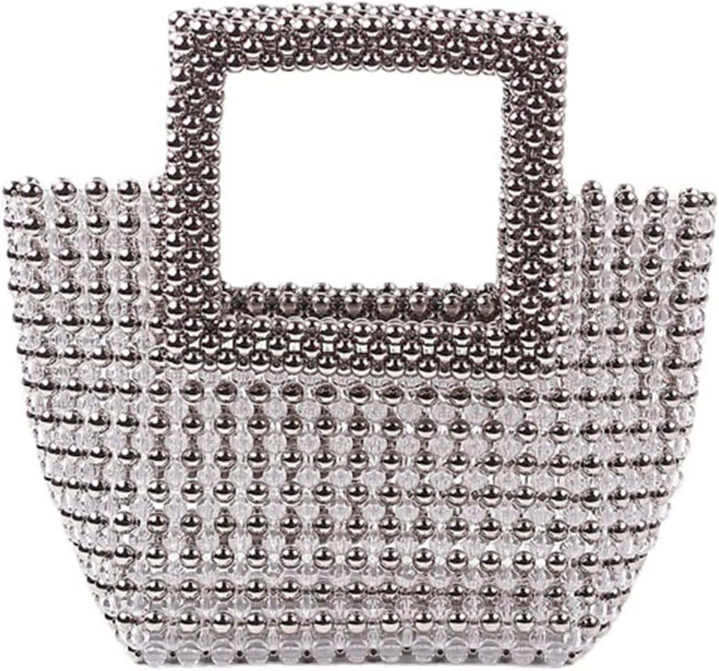 Women Silver Beaded Acrylic Handbag Evening Handmade Bags for Evening Party Bag Transparent Top-Handle Totes, One Color, One Size