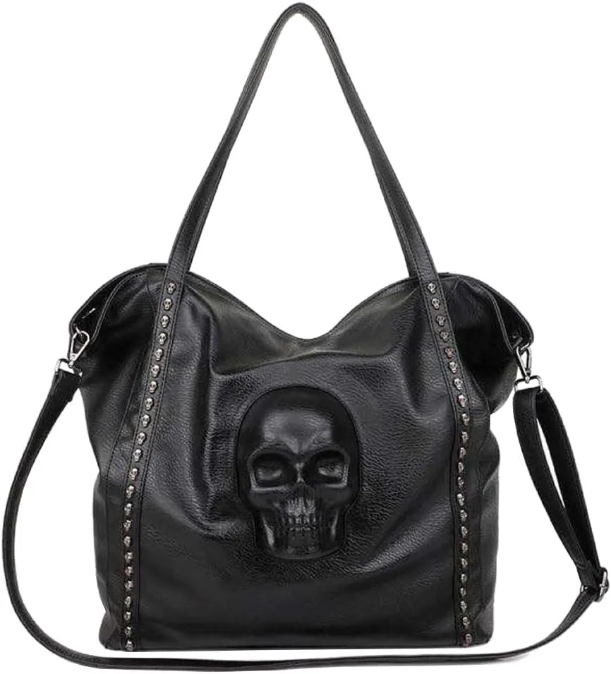Women Skull Big Shoulder Bag Punk Hobo Handbag PU Leather Purses Crossbody Bags Satchels, One Color, One Size