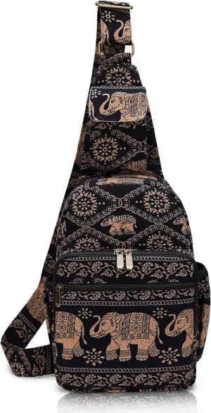 Women sling bag Elephant canvas large boho backpacks bohemian Crossbody bag (Black)