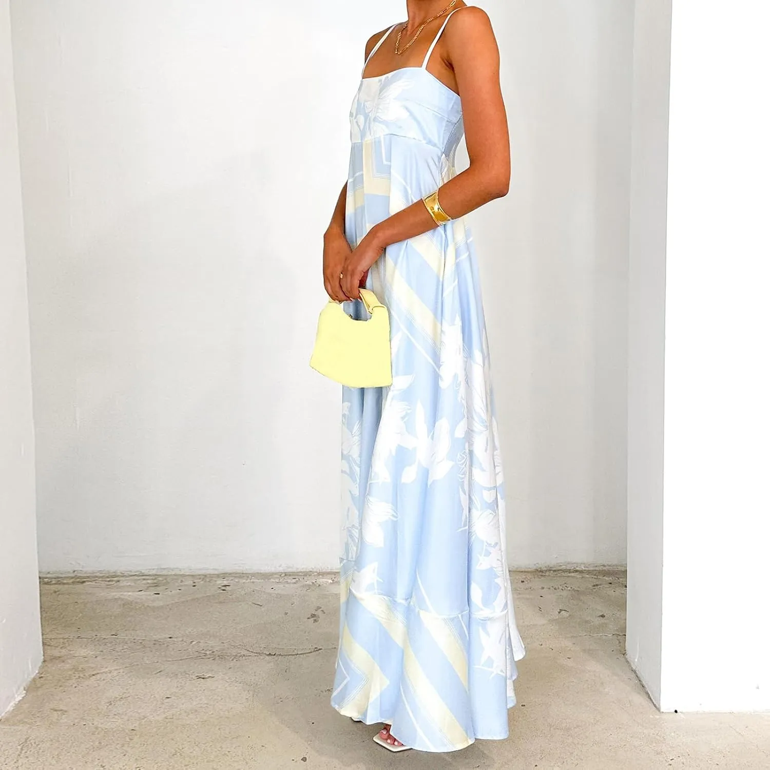 Women Spaghetti Strap Floral Sundress Smocked Backless Flowy Maxi Dress Sleeveless Boho Beach Long Dresses