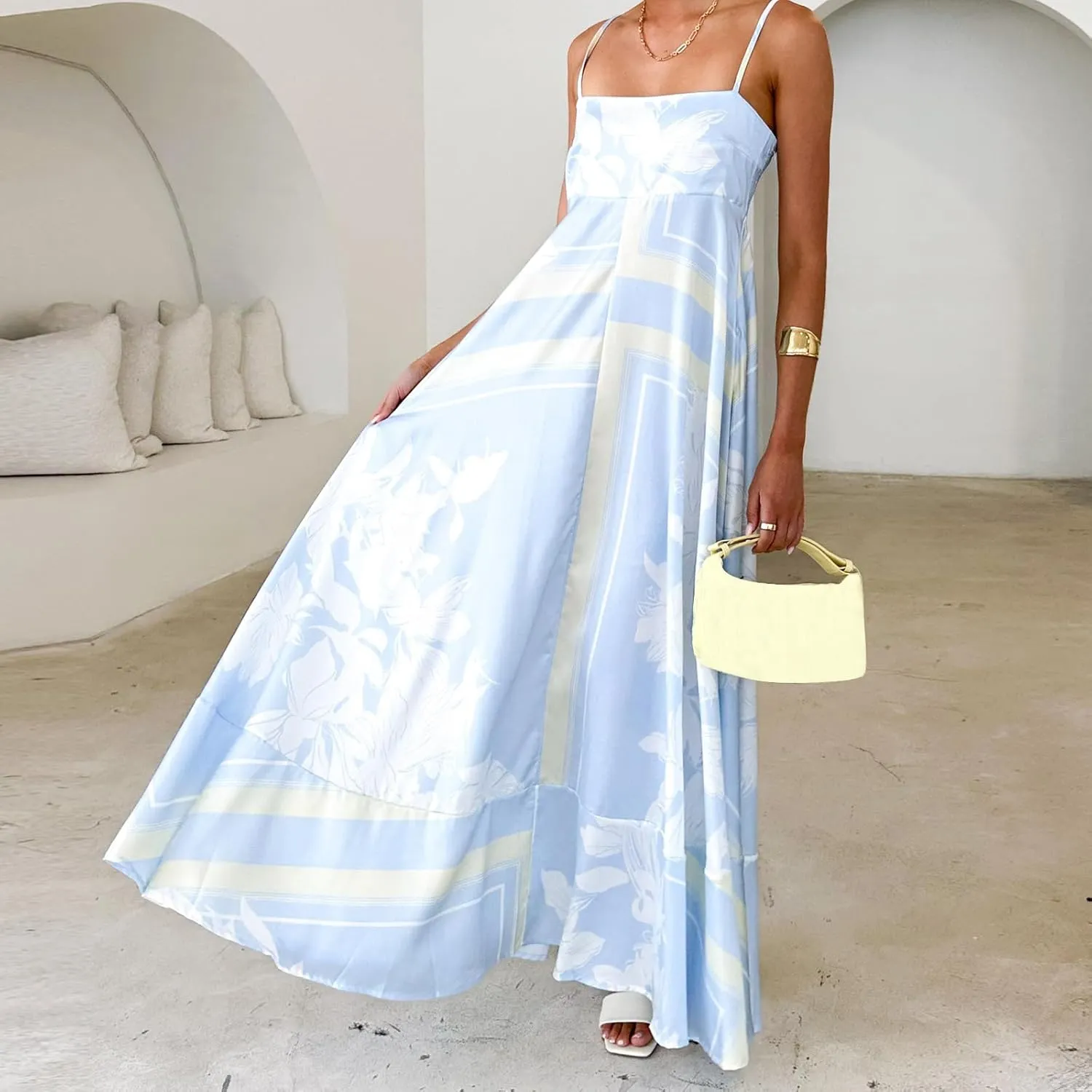 Women Spaghetti Strap Floral Sundress Smocked Backless Flowy Maxi Dress Sleeveless Boho Beach Long Dresses