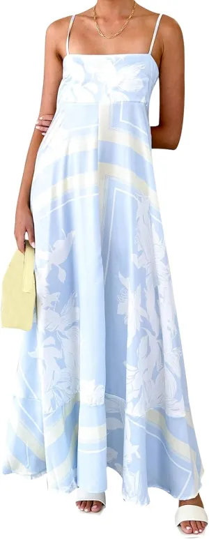 Women Spaghetti Strap Floral Sundress Smocked Backless Flowy Maxi Dress Sleeveless Boho Beach Long Dresses