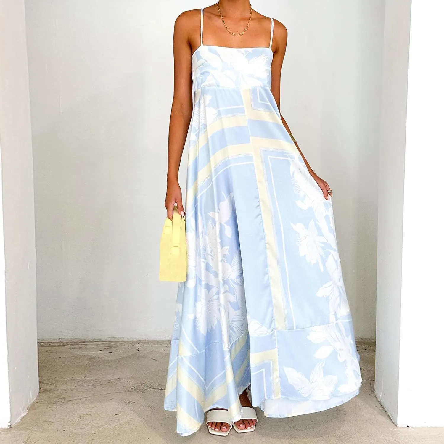 Women Spaghetti Strap Floral Sundress Smocked Backless Flowy Maxi Dress Sleeveless Boho Beach Long Dresses