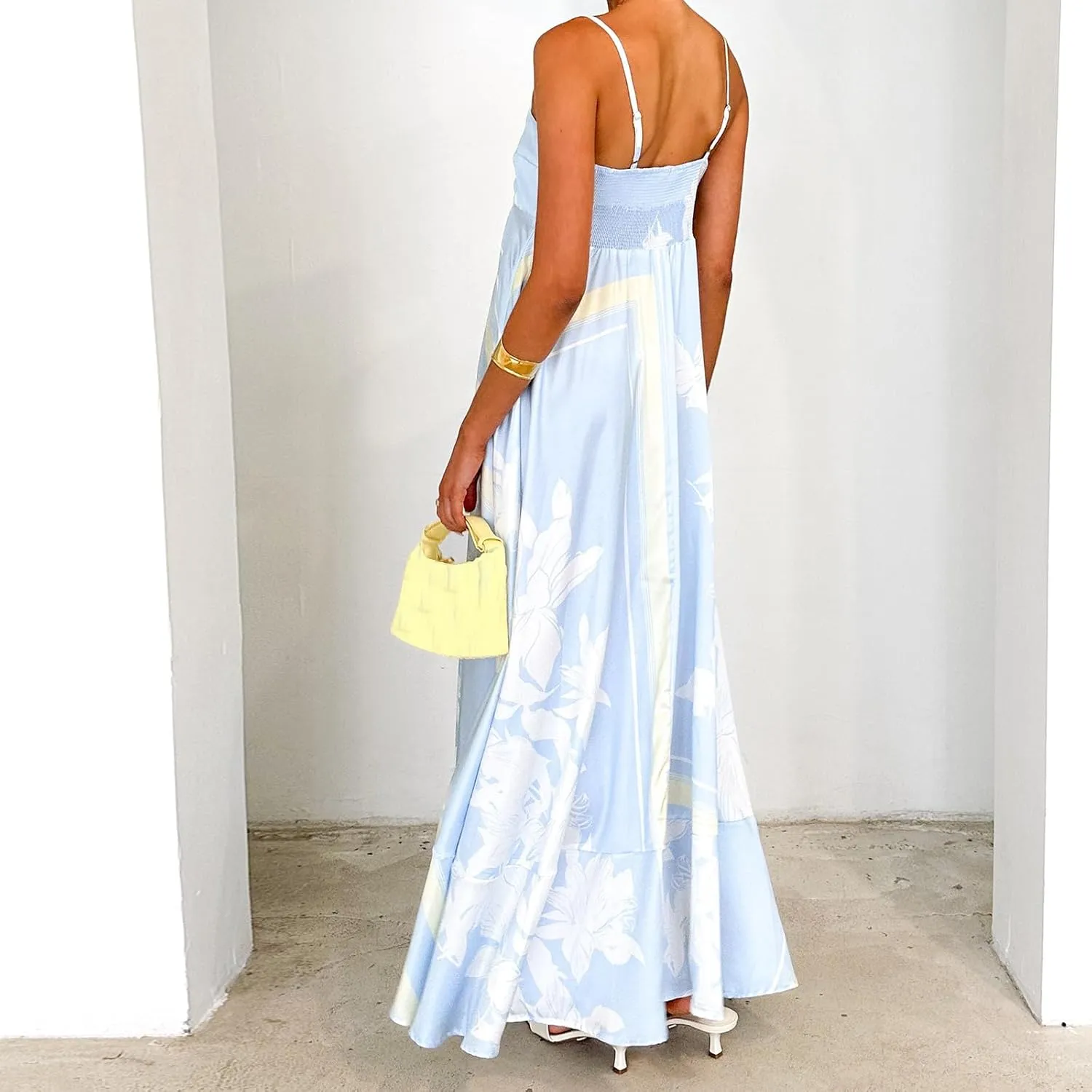 Women Spaghetti Strap Floral Sundress Smocked Backless Flowy Maxi Dress Sleeveless Boho Beach Long Dresses