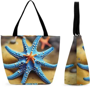Women Tote Bags with Handles Beautiful Starfish Shoulder Bag with Zipper Handbags Shopping Bags Travel Bag Beach Bag Reusable Grocery Bag for Swim Holiday Gift