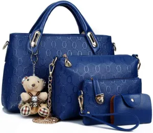 Women Tote Hobo Handbag Wallet Synthetic PU Leather Shouder Backpack 4pcs Set Clutch Purse Satchels with Bear Pendant