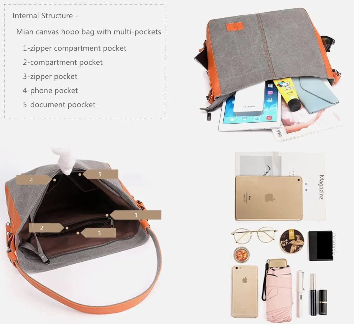 Women Vintage Hobo Handbag Canvas Shopper Shoulder Bag Daily Purse Mulit-Pocket Top Handle Satchels