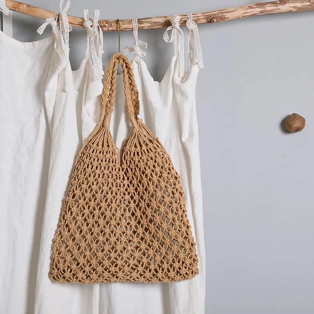 Women's Beach Straw Handbag Woven Tote Fishing Net Beach Bag Large Capacity Mesh Rope Combination Handbag
