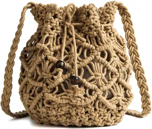 Womens Drawstring Crossbody Bag Beach Handwoven Purse Small Straw bucket bag retro woven hollow Messenger bag