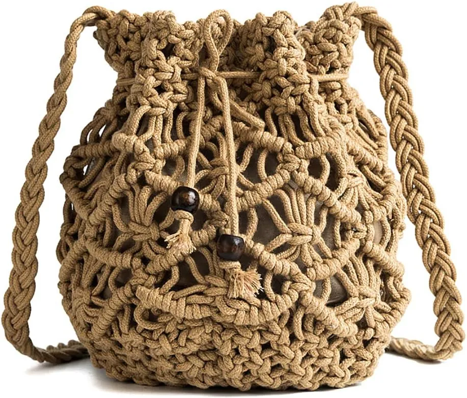Womens Drawstring Crossbody Bag Beach Handwoven Purse Small Straw bucket bag retro woven hollow Messenger bag