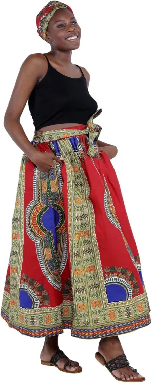 Women's Embossed Dashiki Print Long Maxi, Elastic Waist with Attached Belts & 2 Pockets, African Dashiki Skirt Afrocentric (Pink 1, One Size)