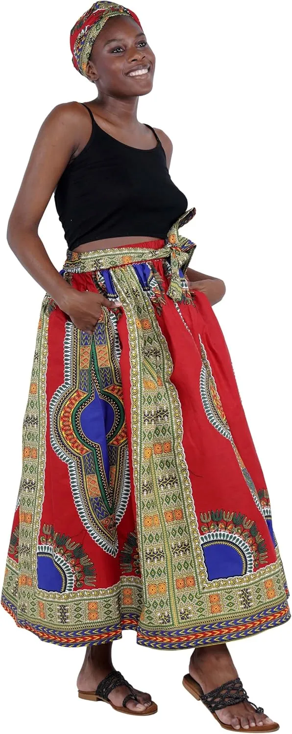 Women's Embossed Dashiki Print Long Maxi, Elastic Waist with Attached Belts & 2 Pockets, African Dashiki Skirt Afrocentric (Pink 1, One Size)