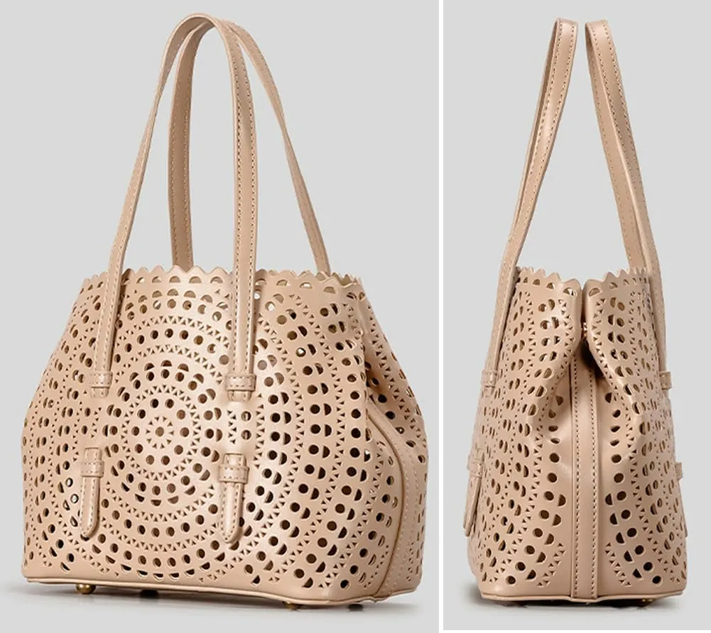 Womens Hollow Vegan Leather Tote Bag Small Summer Beach Bucket Shoulder Purse Top Handle Handbag Crossbody Satchels