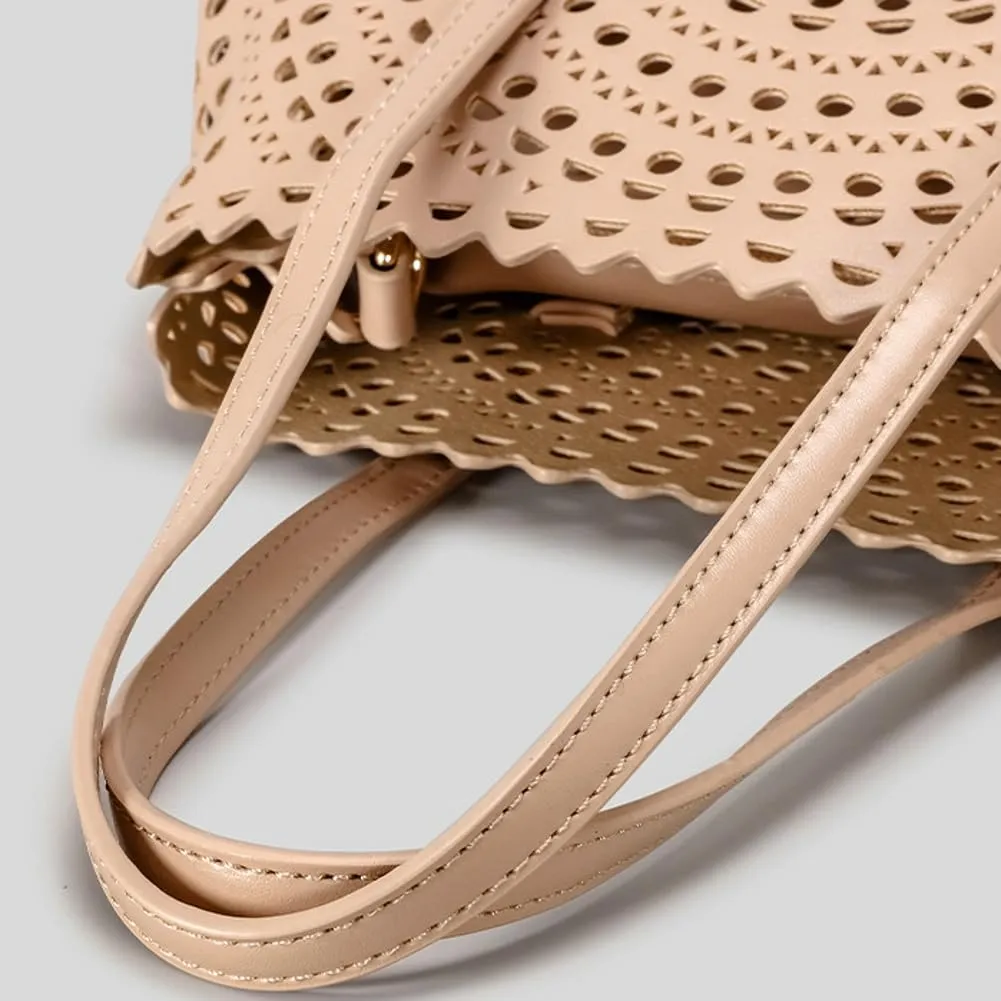 Womens Hollow Vegan Leather Tote Bag Small Summer Beach Bucket Shoulder Purse Top Handle Handbag Crossbody Satchels