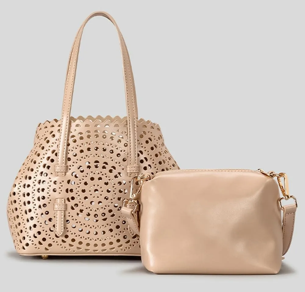 Womens Hollow Vegan Leather Tote Bag Small Summer Beach Bucket Shoulder Purse Top Handle Handbag Crossbody Satchels