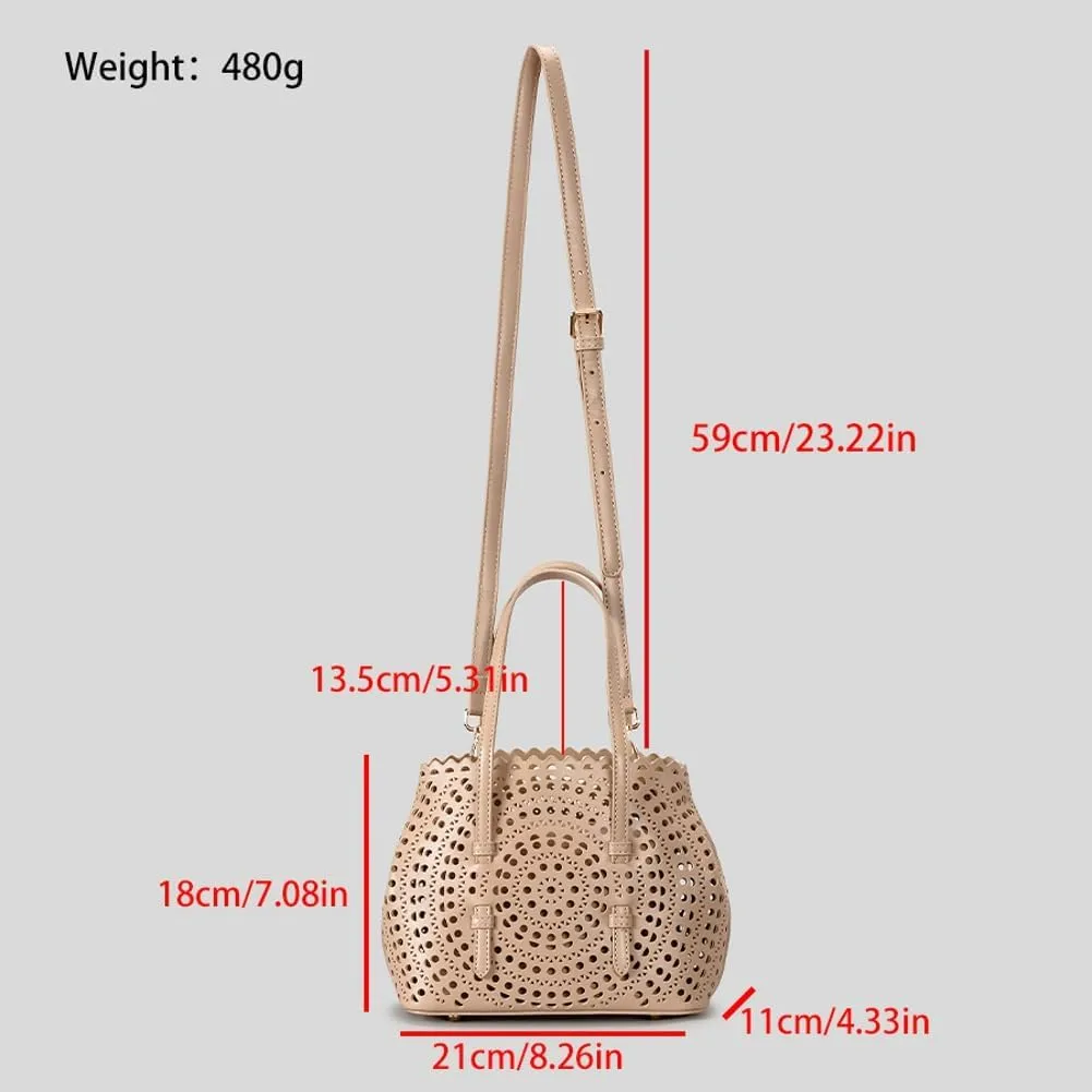 Womens Hollow Vegan Leather Tote Bag Small Summer Beach Bucket Shoulder Purse Top Handle Handbag Crossbody Satchels
