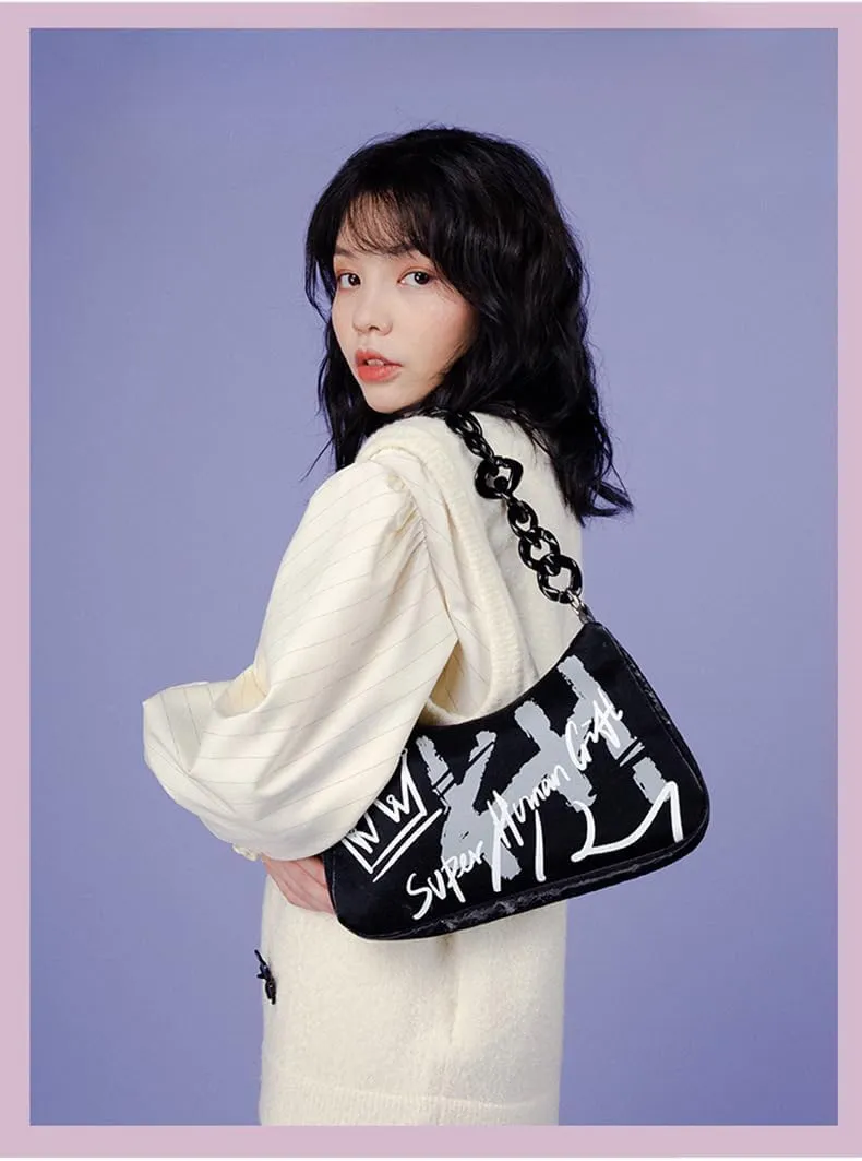 Women's Letter Print Retro Shoulder Crossbody Bags Y2K Small Totes Handbag Vintage Evening Armpit Top Handle Purse