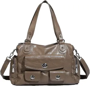 Womens Multi Pocket Shoulder Bag Large Y2k Rivet Tote Crossbody Purse Top Handle Satchels Vegan Leather Handbags
