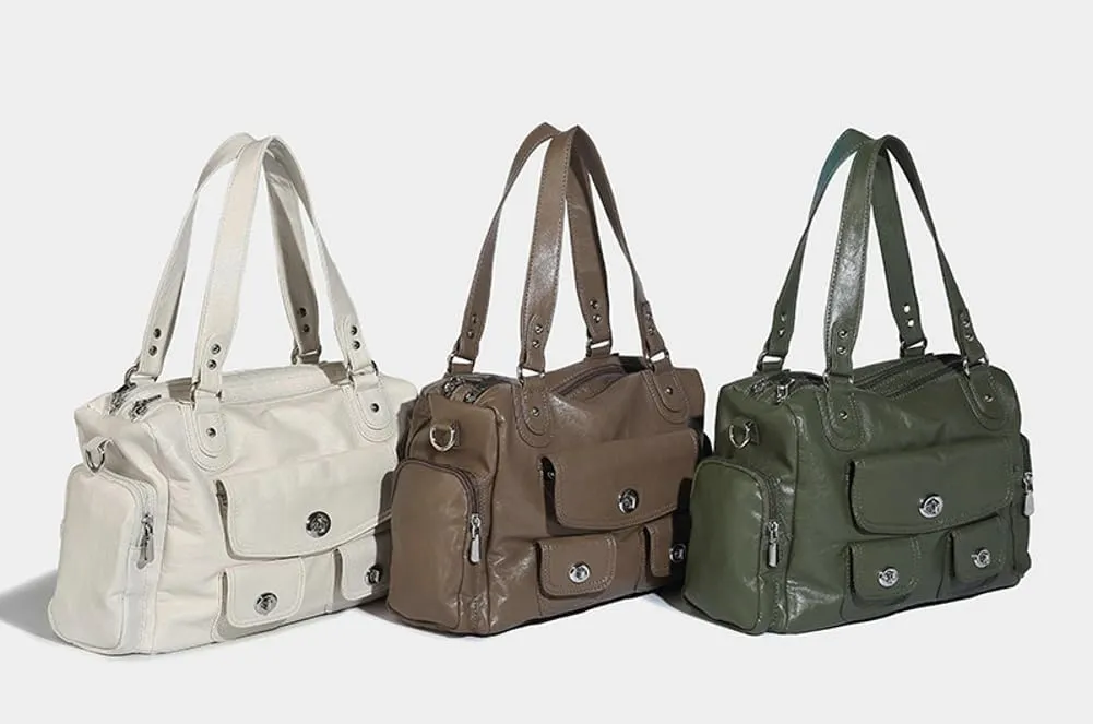 Womens Multi Pocket Shoulder Bag Large Y2k Rivet Tote Crossbody Purse Top Handle Satchels Vegan Leather Handbags
