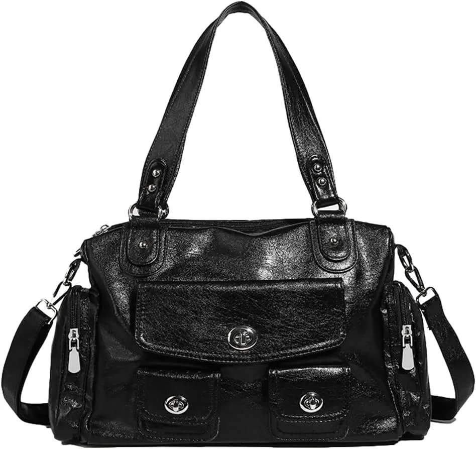 Womens Multi Pocket Shoulder Bag Large Y2k Rivet Tote Crossbody Purse Top Handle Satchels Vegan Leather Handbags