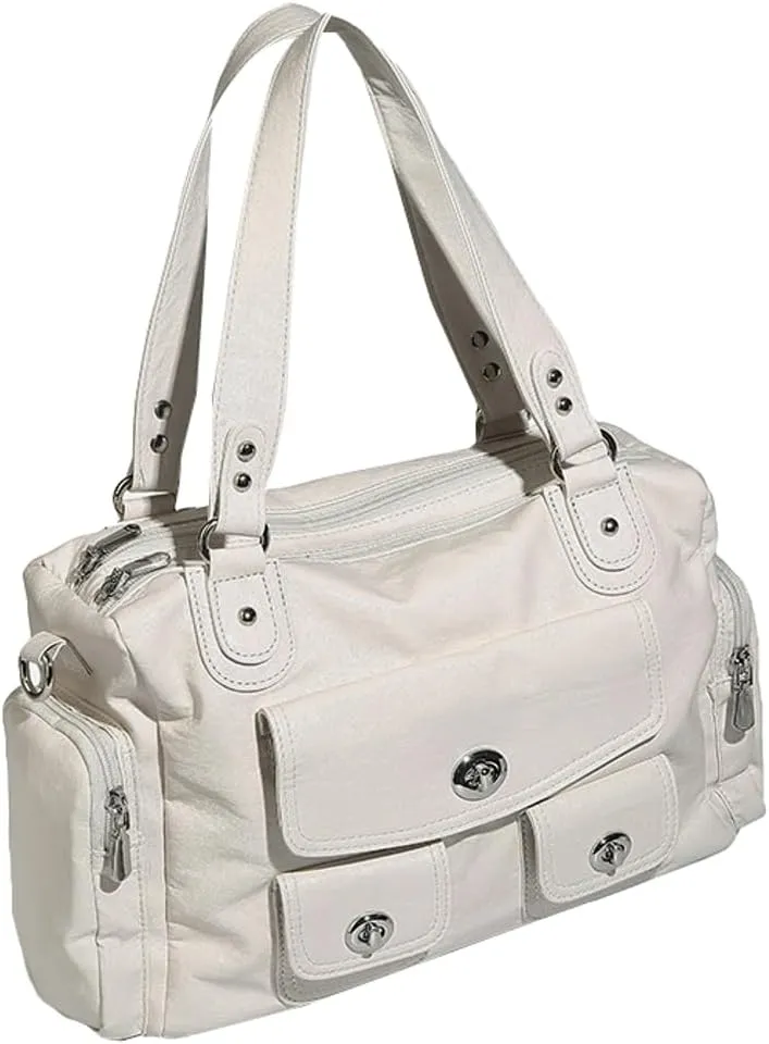 Womens Multi Pocket Shoulder Bag Large Y2k Rivet Tote Crossbody Purse Top Handle Satchels Vegan Leather Handbags