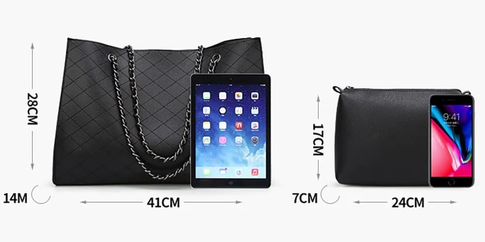 Womens Trendy Vegan Leather Shoulder Bag Large Chain Tote Purses Ladies Commuting Handbags Satchels 2pcs