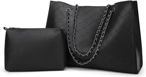 Womens Trendy Vegan Leather Shoulder Bag Large Chain Tote Purses Ladies Commuting Handbags Satchels 2pcs